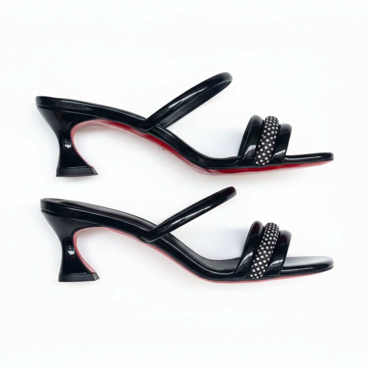 Black Strappy Mid Heel Sandals with Embellished Front Strap