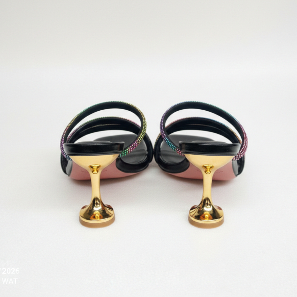 Multicolor Rhinestone Strap Mid Heel Slide Sandals