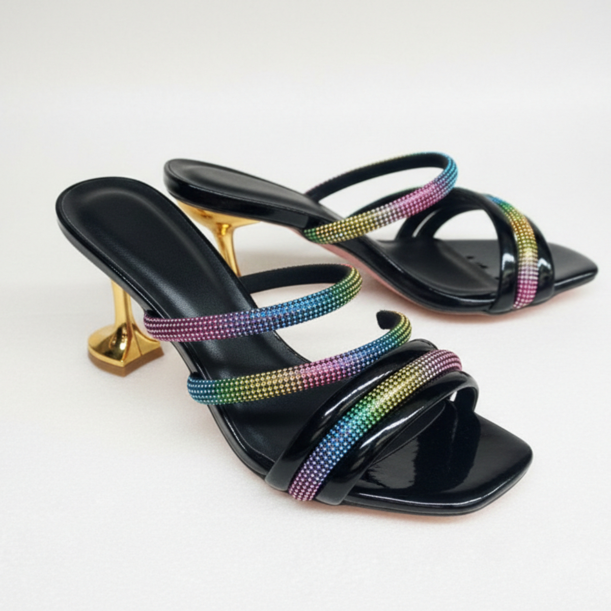 Multicolor Rhinestone Strap Mid Heel Slide Sandals