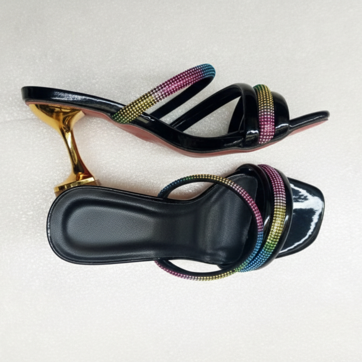 Multicolor Rhinestone Strap Mid Heel Slide Sandals