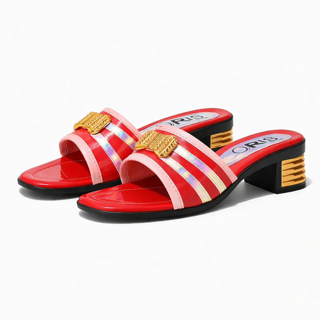 Women Red Flat Slip On Sandals with Decorative Buckle