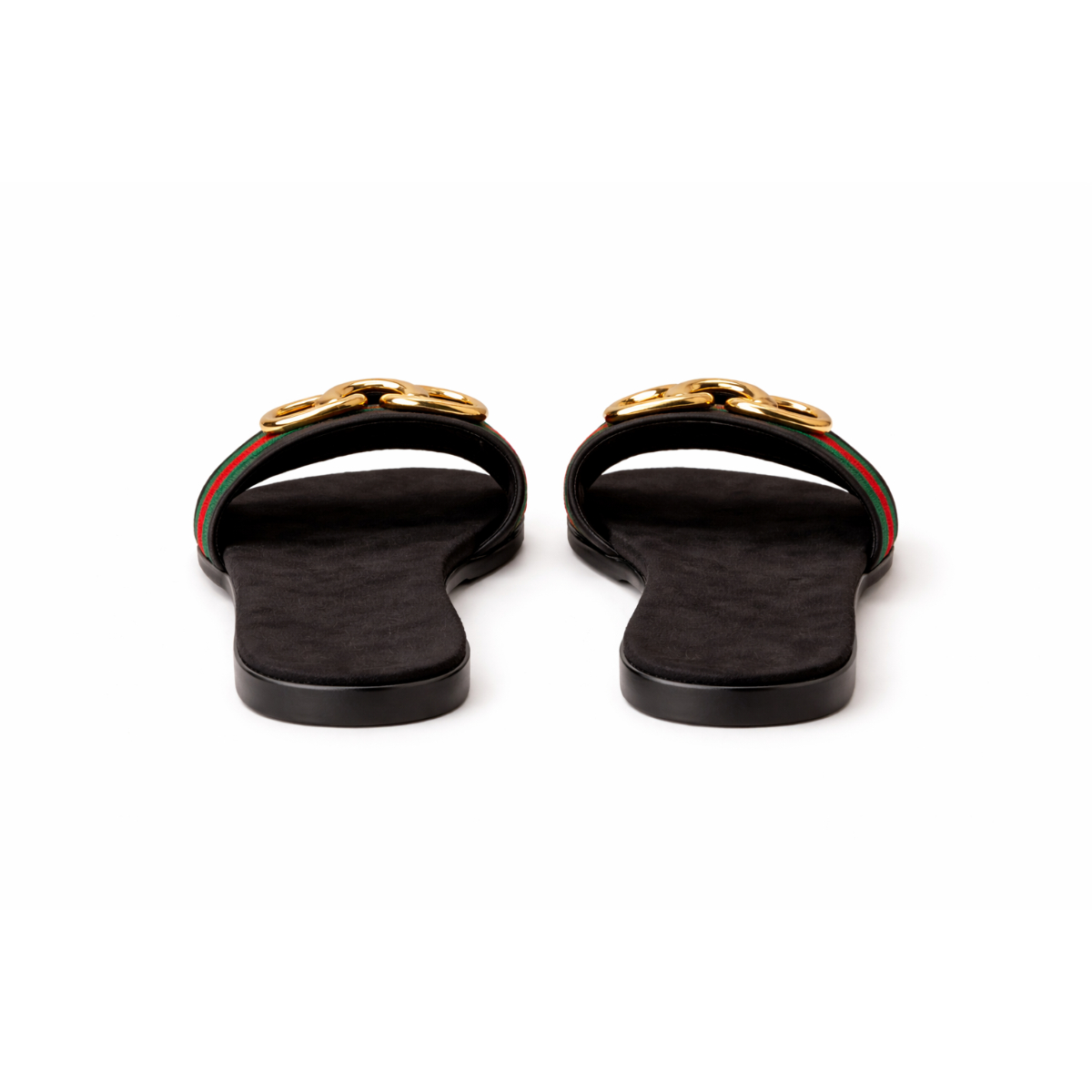 Quality Web Striped Strap Flat Slide Sandals with Metal Accent