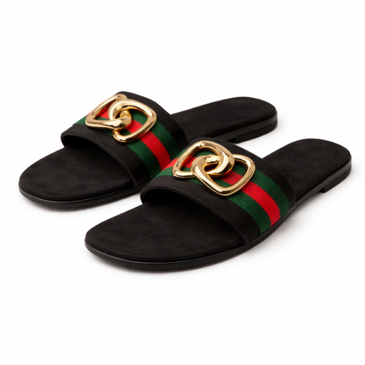 Quality Web Striped Strap Flat Slide Sandals with Metal Accent