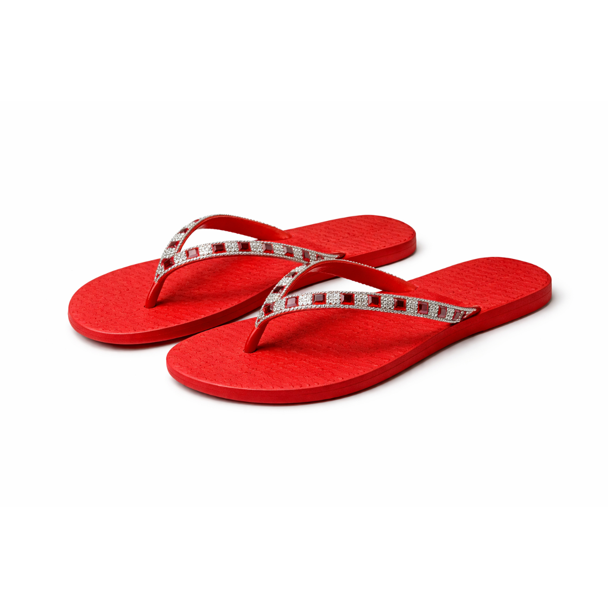 Red Beaded Strap Flat Flip Flop Sandals