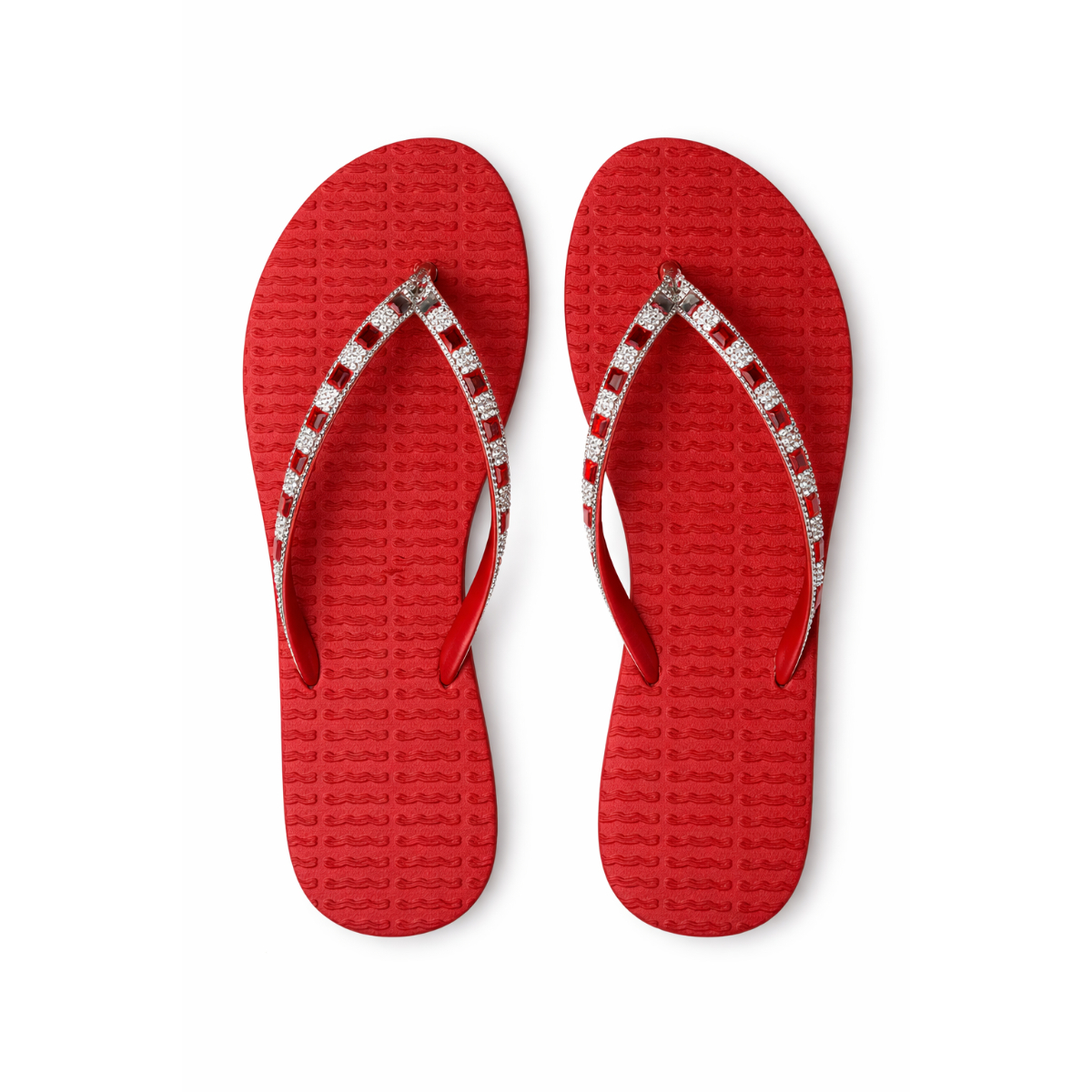 Red Beaded Strap Flat Flip Flop Sandals