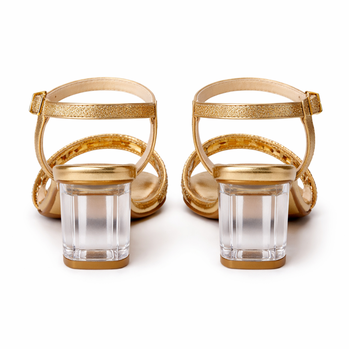 Gold Rhinestone Strappy Block Heel Sandals