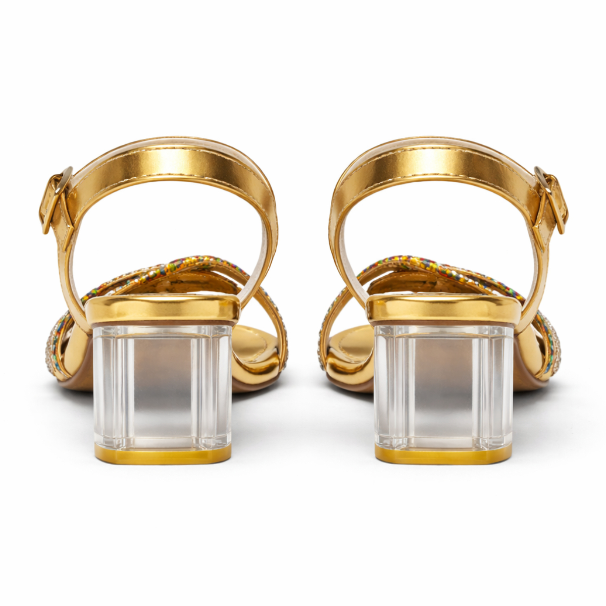 Gold Rhinestone Ankle Strap Block Heel Sandals