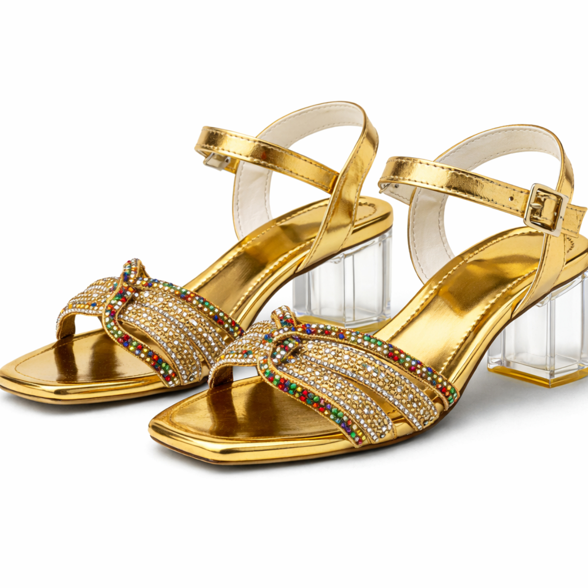 Gold Rhinestone Ankle Strap Block Heel Sandals