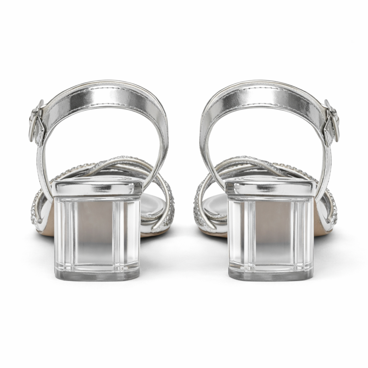 Silver Rhinestone Ankle Strap Block Heel Sandals