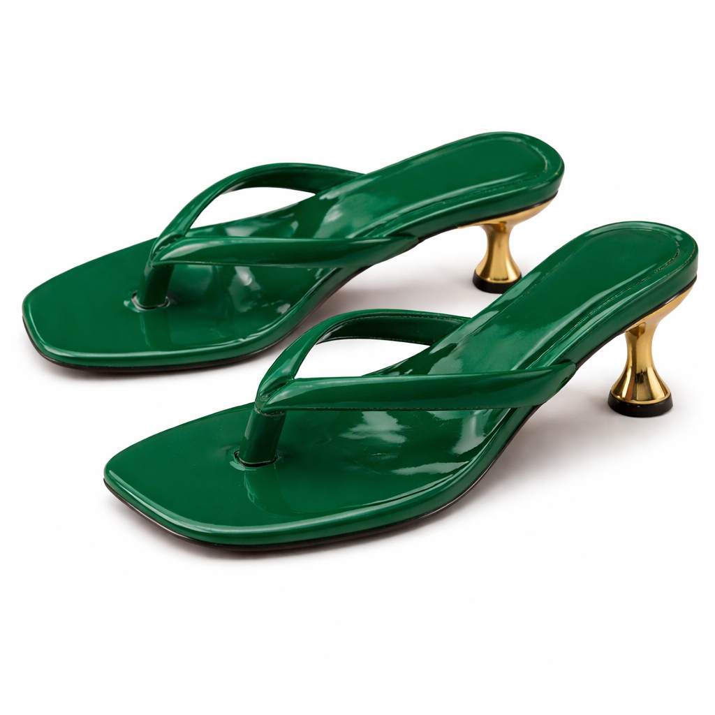 Glossy Green Thong Heeled Sandals with Sculpted Heel
