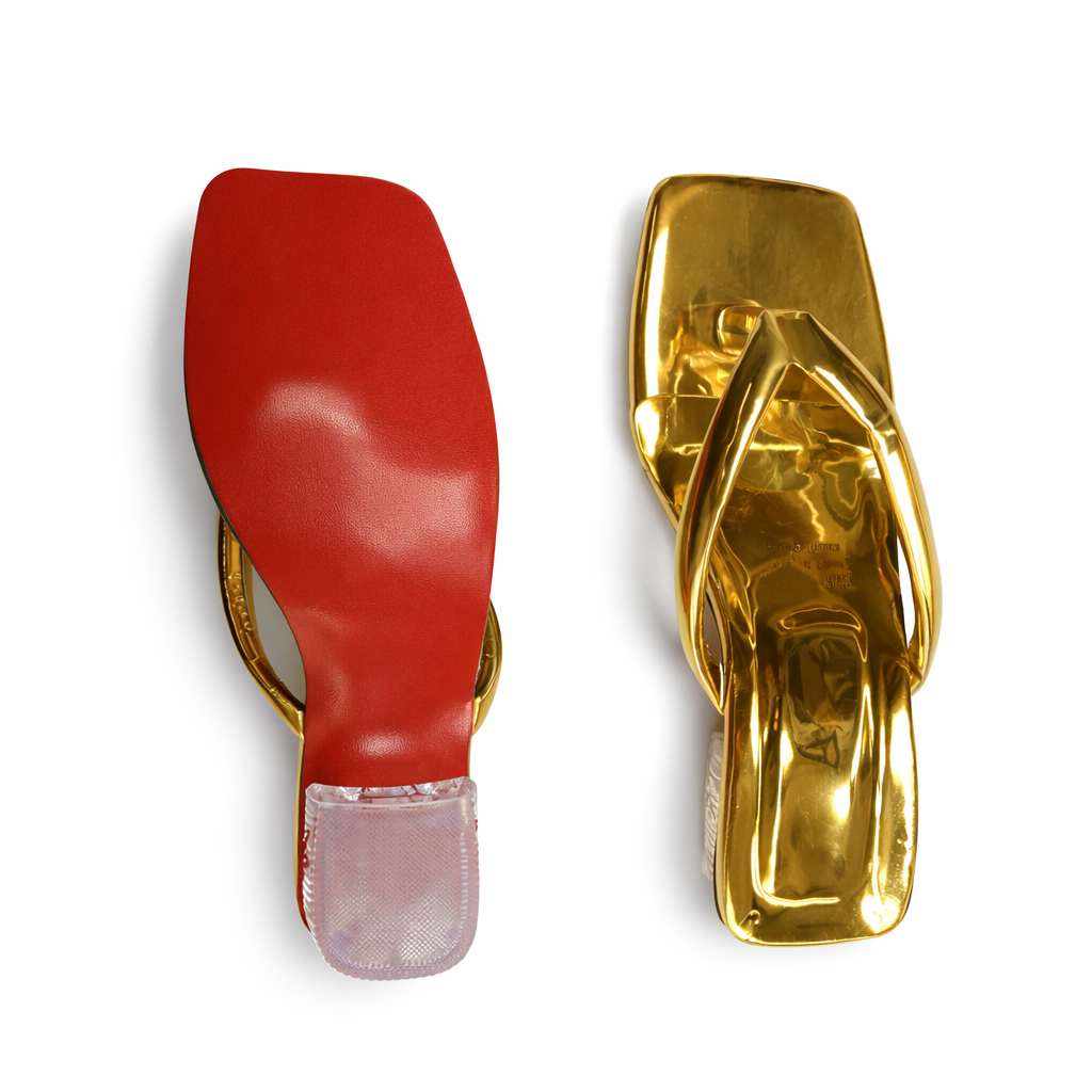 Gold Square Toe Slip On Heeled Sandals