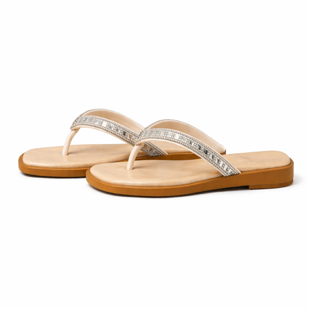 Rhinestone Thong Flat Sandals with Square Toe