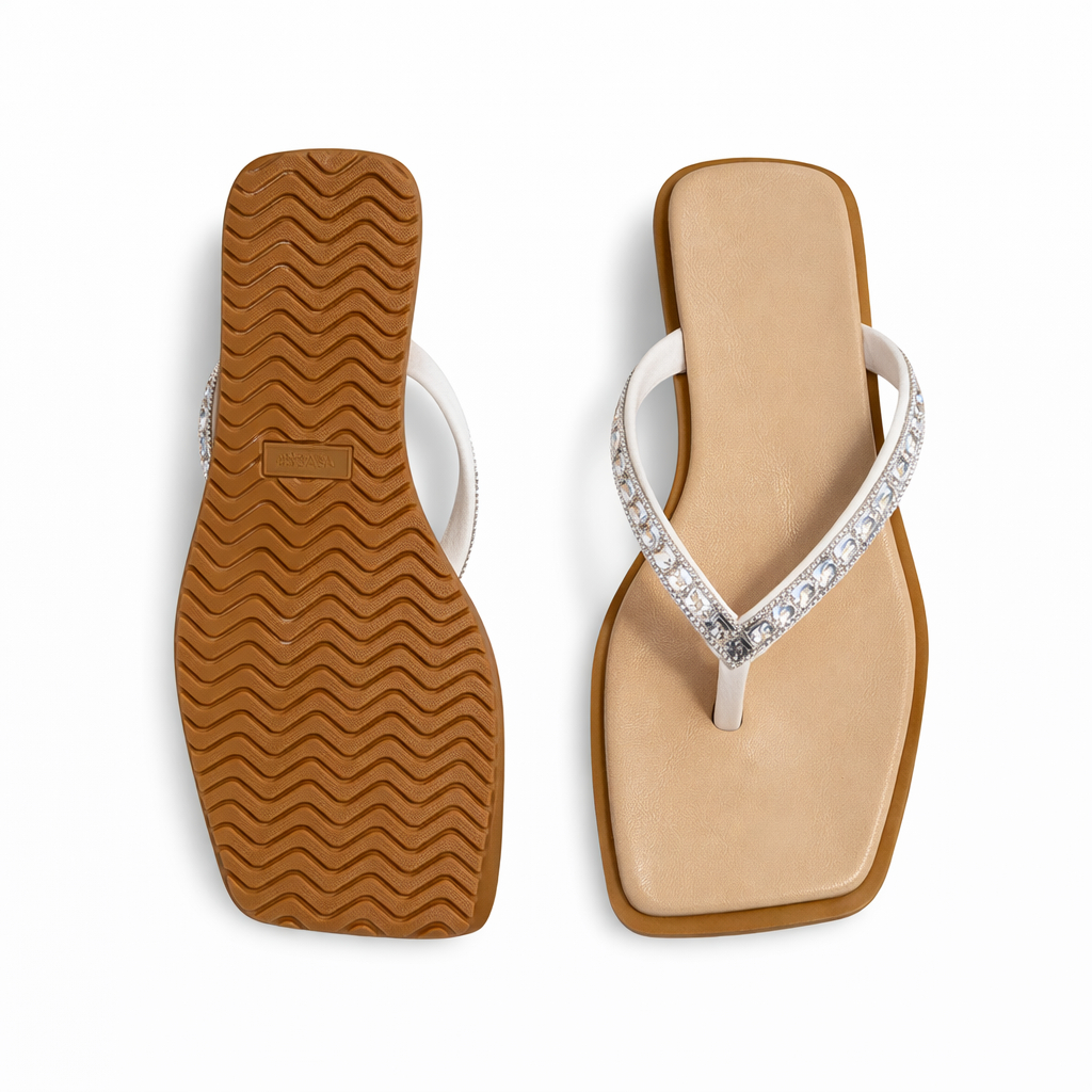 Rhinestone Thong Flat Sandals with Square Toe