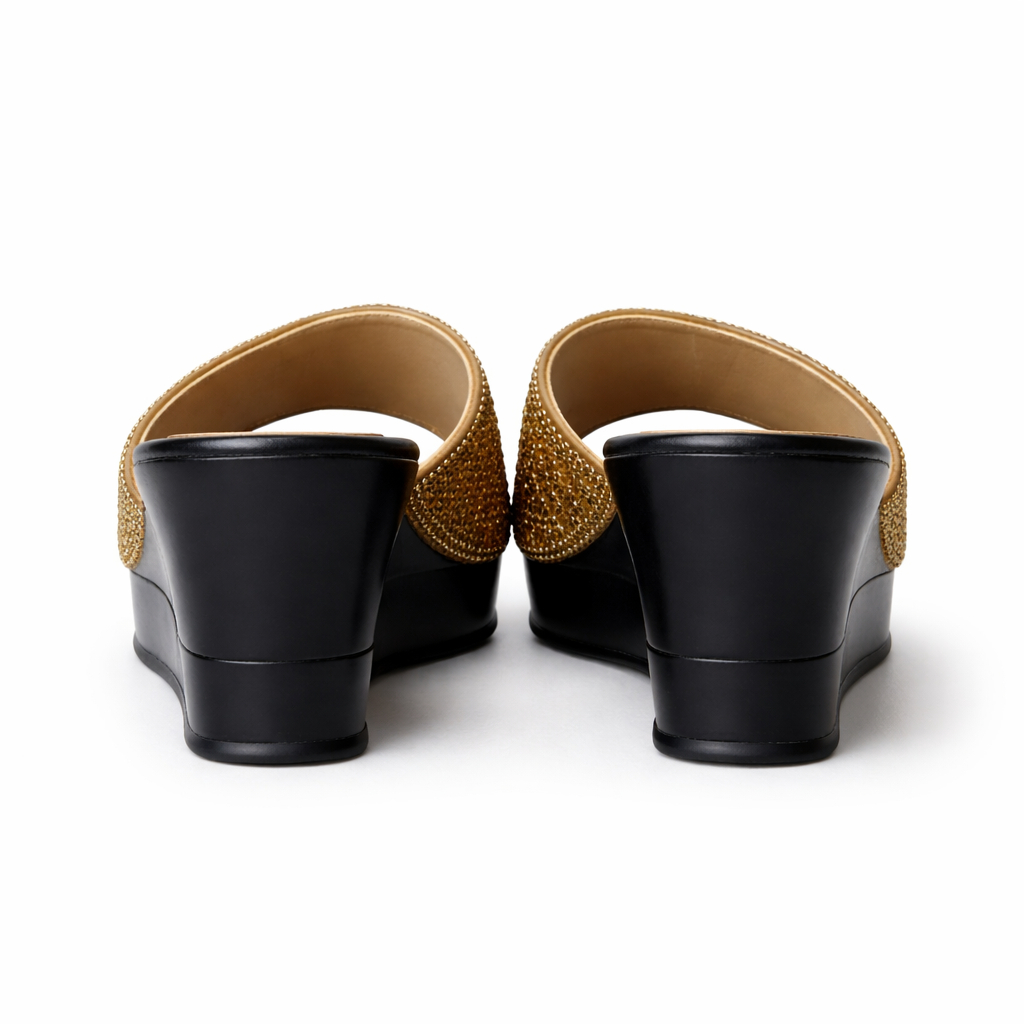 Gold Beaded Wedge Slide Sandals