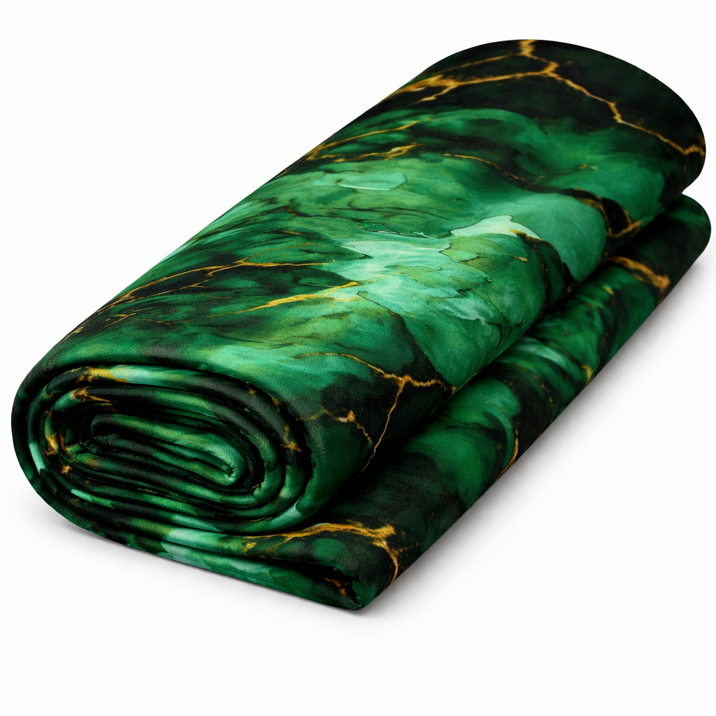 Green Abstract Marble Pattern Fabric with Gold Accents