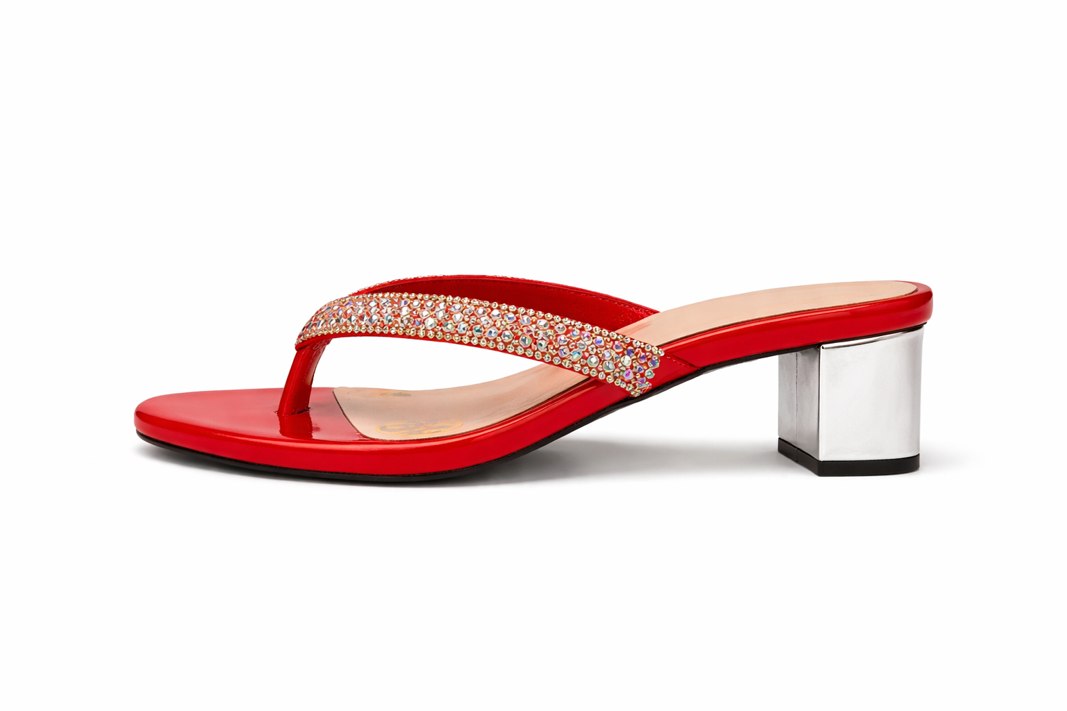 Red Crystal Strap Flat Slip on block heel Sandals for Women