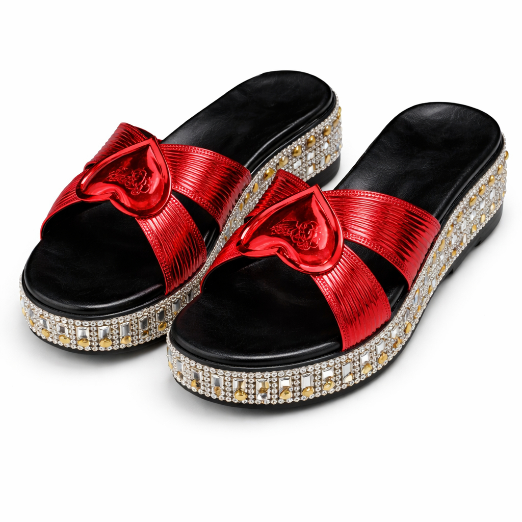 Women Wedge Slide Sandals with Metallic Strap and Decorative Accent