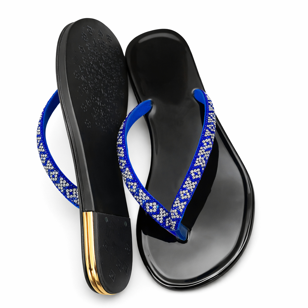 Quality women Blue Crystal Strap Flat Flip Flop Sandals