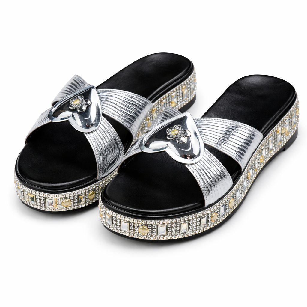 Women Wedge Slide Sandals with Metallic Cross Straps and Heart Detail