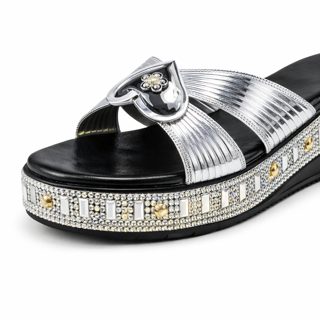 Women Wedge Slide Sandals with Metallic Cross Straps and Heart Detail