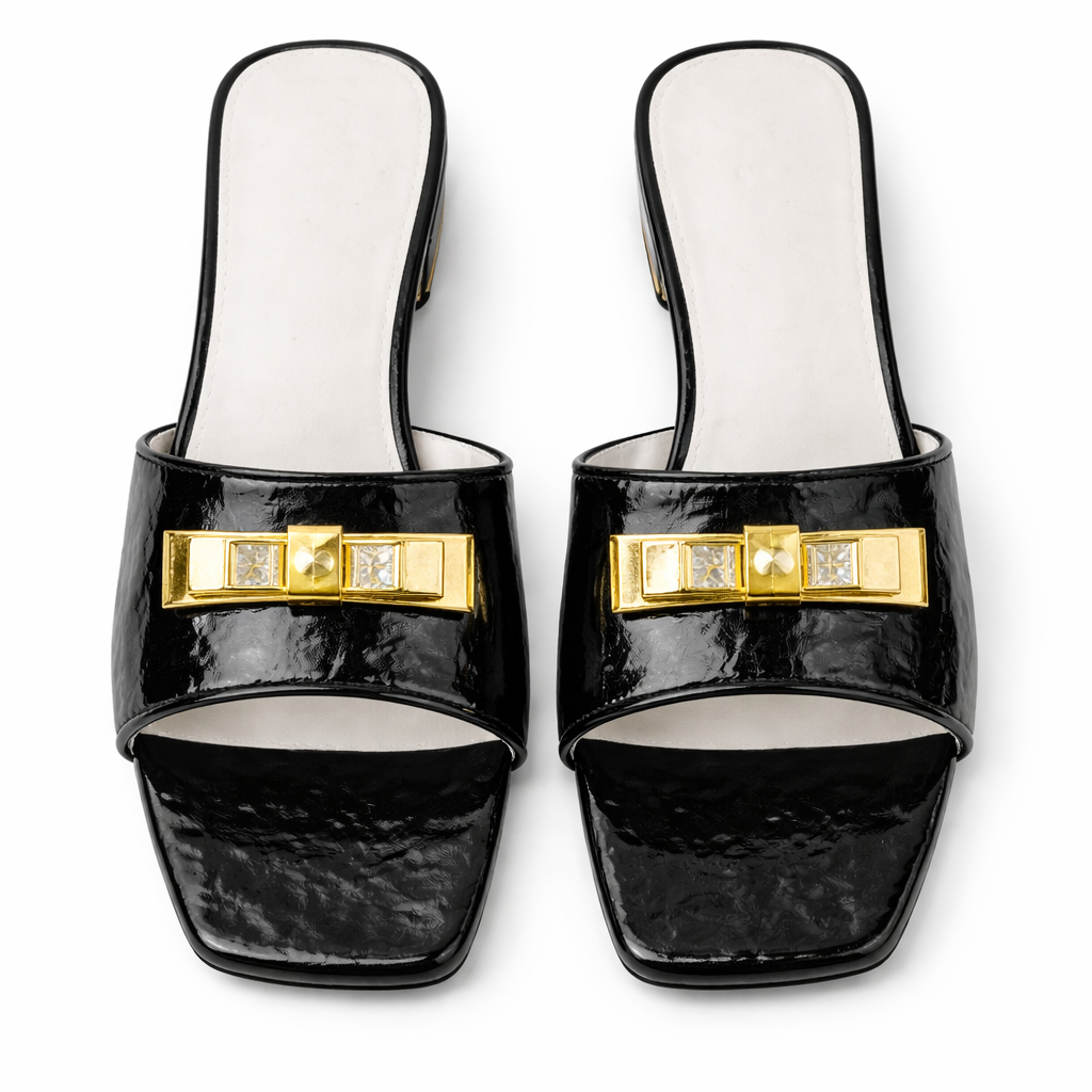 Women Flat Open Toe Slides with Glossy Finish and Metal Accent