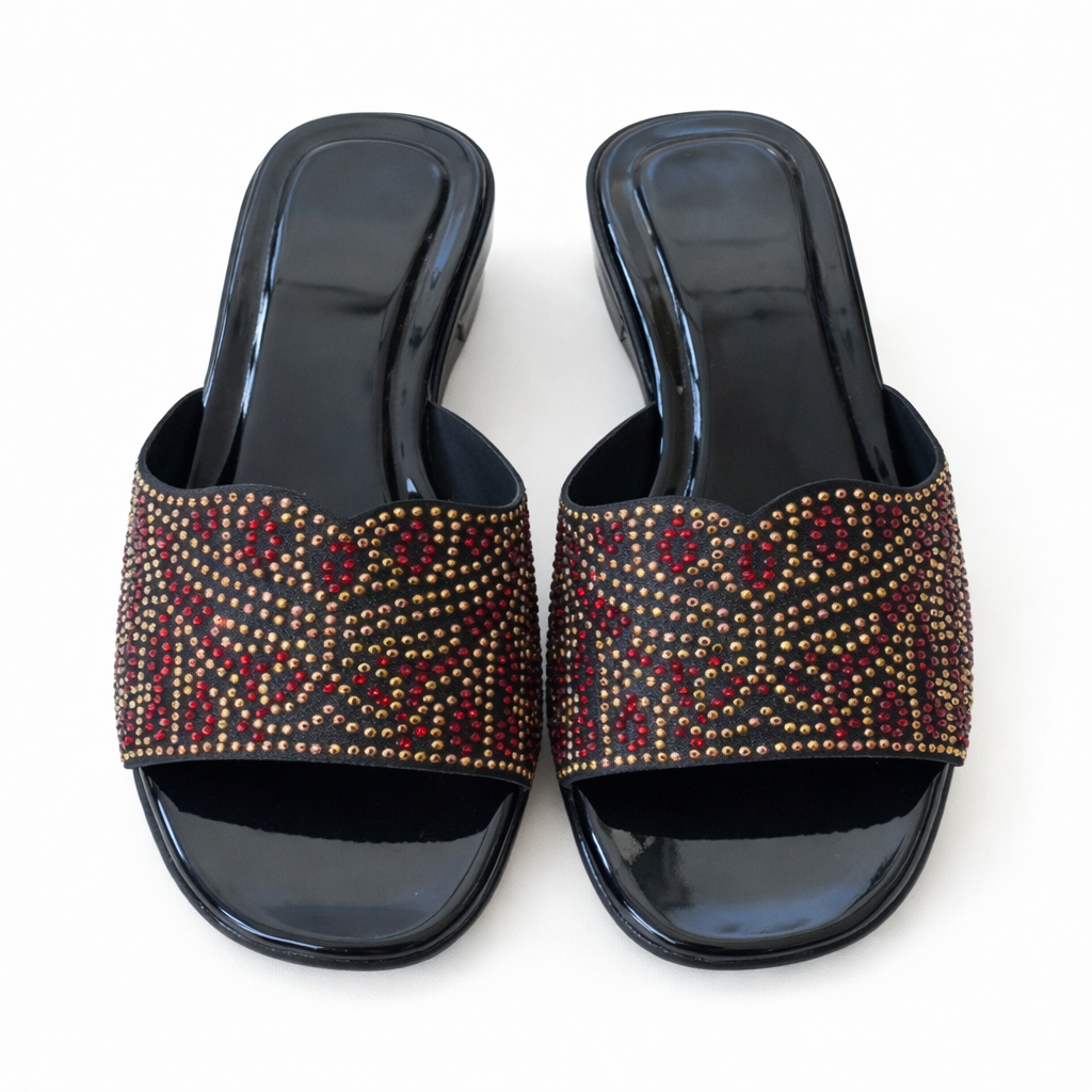 Women Flat Slide Sandals with Studded Pattern Strap