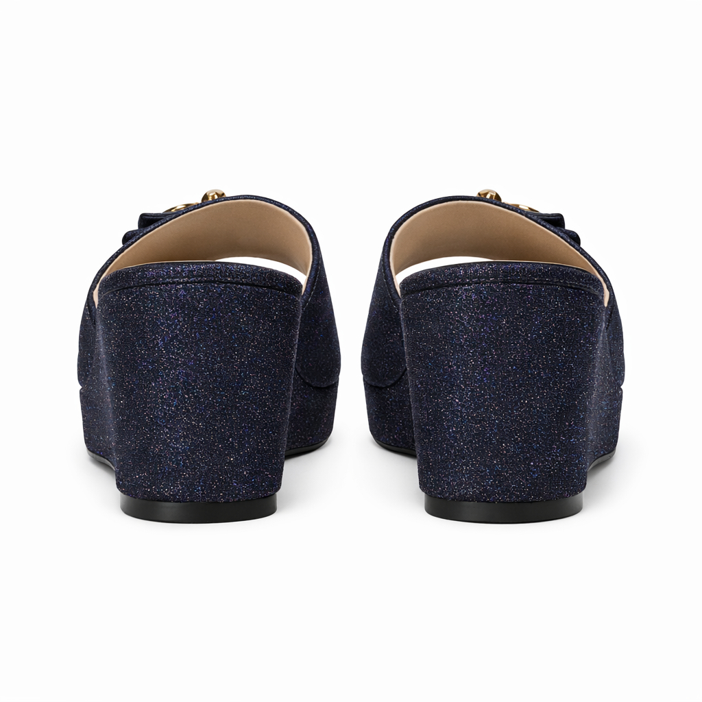 Navy Blue Glitter Backless Flat Mule platform sandals