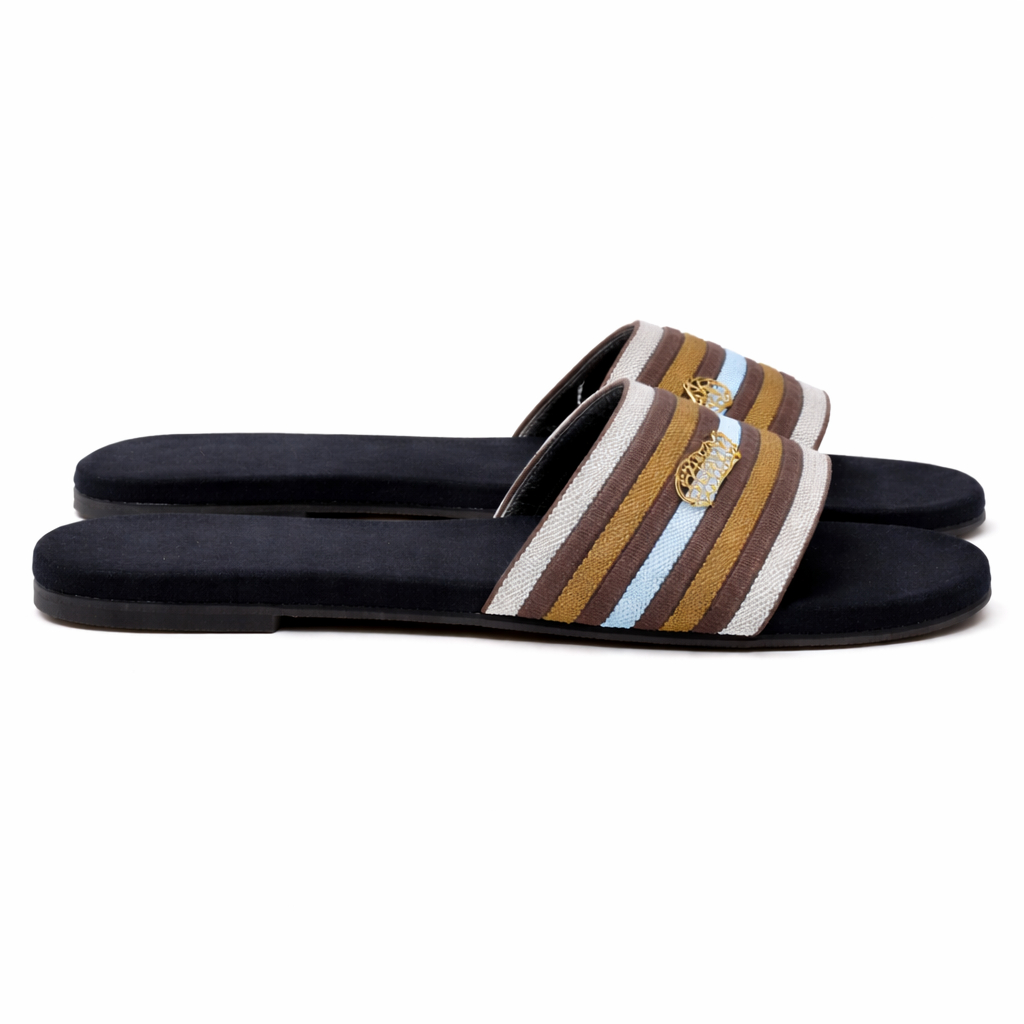 Quality women Striped Fabric Strap Flat Slides