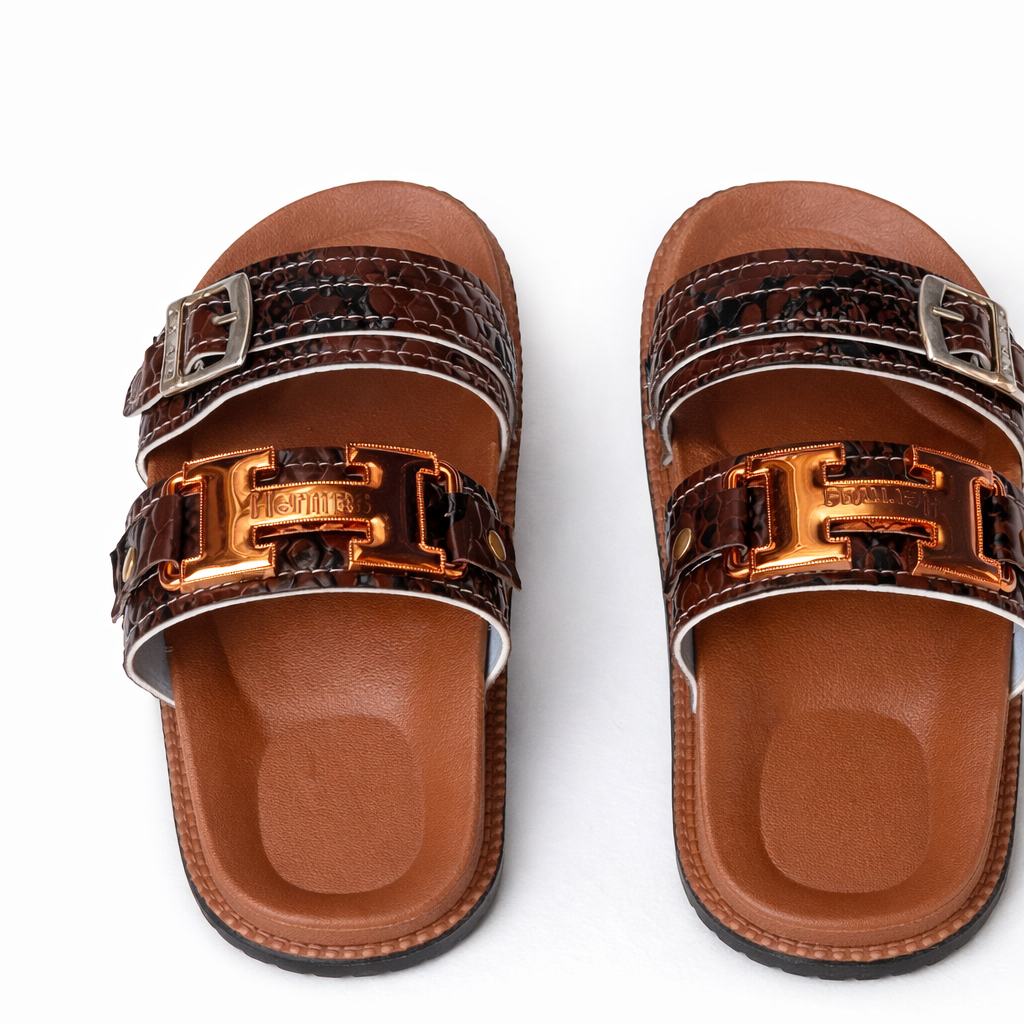 Elegant Brown Double Strap Buckle Slide Sandals