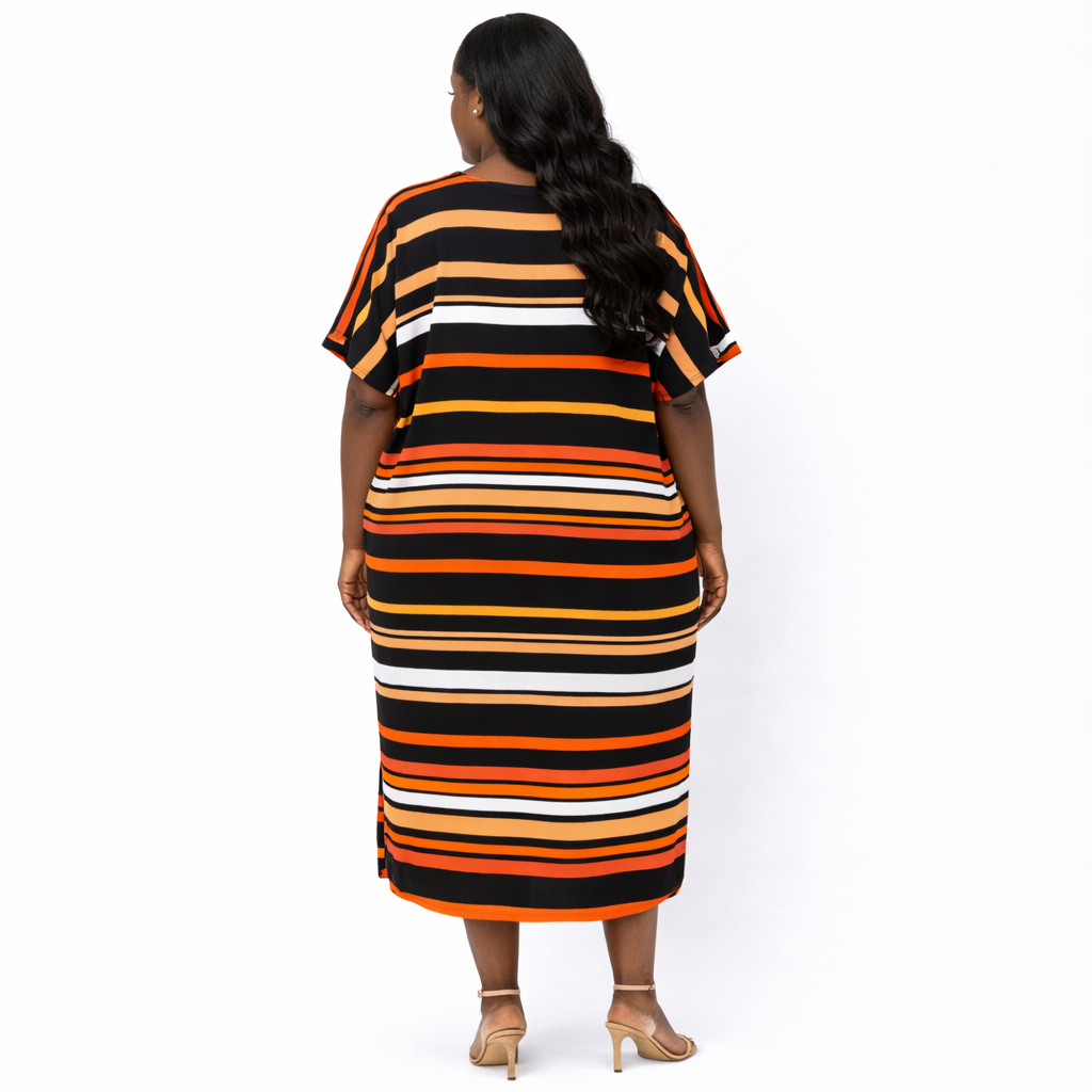 Striped V Neck Button Front Maxi Dress