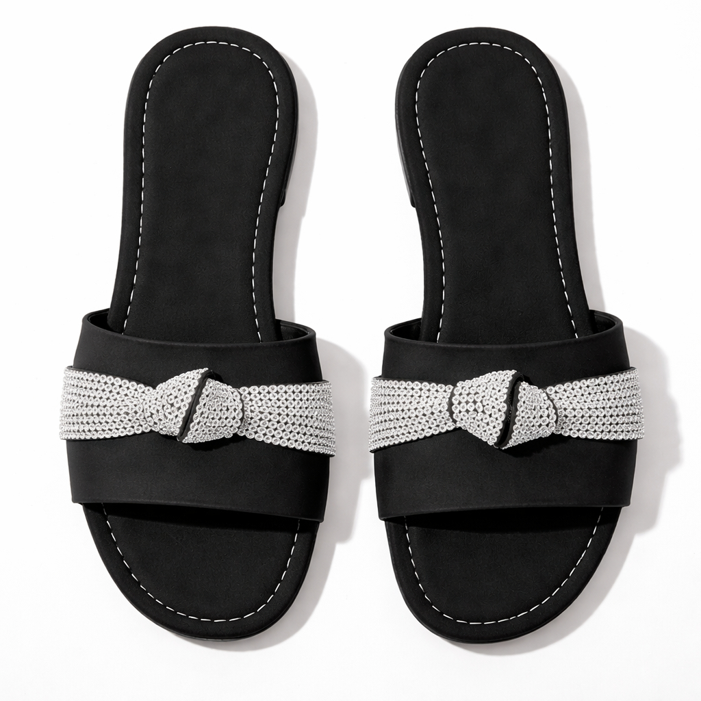 Womens Flat Slide Sandals with Crystal Strap