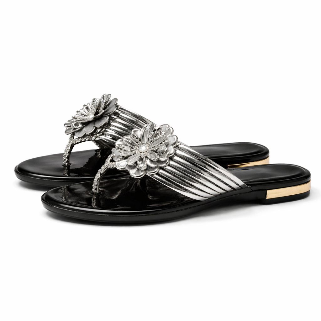 Womens Flat Slide Sandals with Metallic Flower Detail