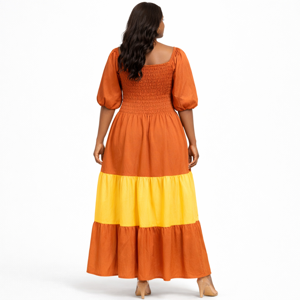 Quality Smocked Bodice Tiered Midi Dress with Puff Sleeves