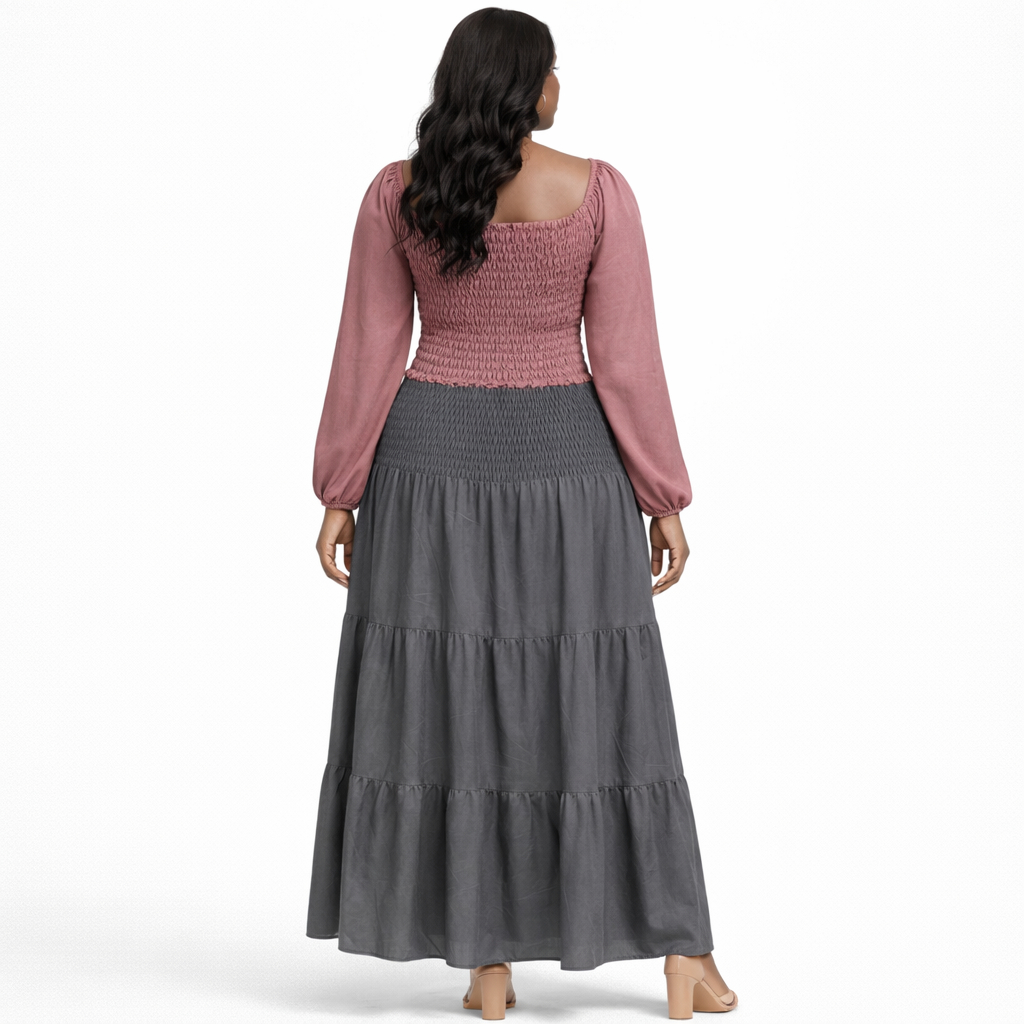 Smocked Off Shoulder Top and Tiered Maxi Skirt Set