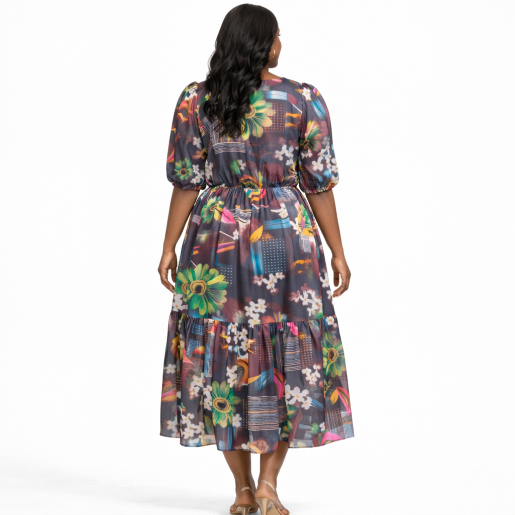 Womens Short Sleeve Printed Midi Dress with Zip Front