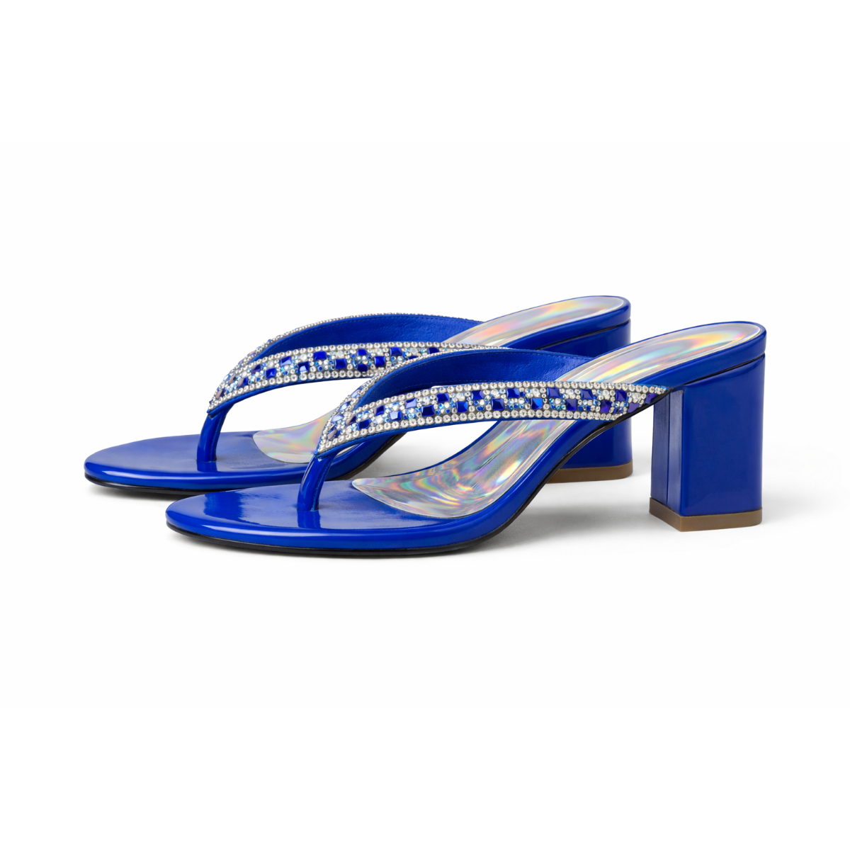 Royal Blue Holographic Rhinestone Heeled Slippers for Women