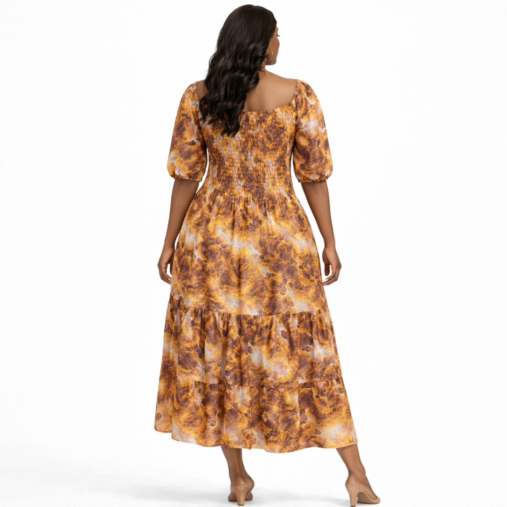 Smocked Puff Sleeve Midi Dress