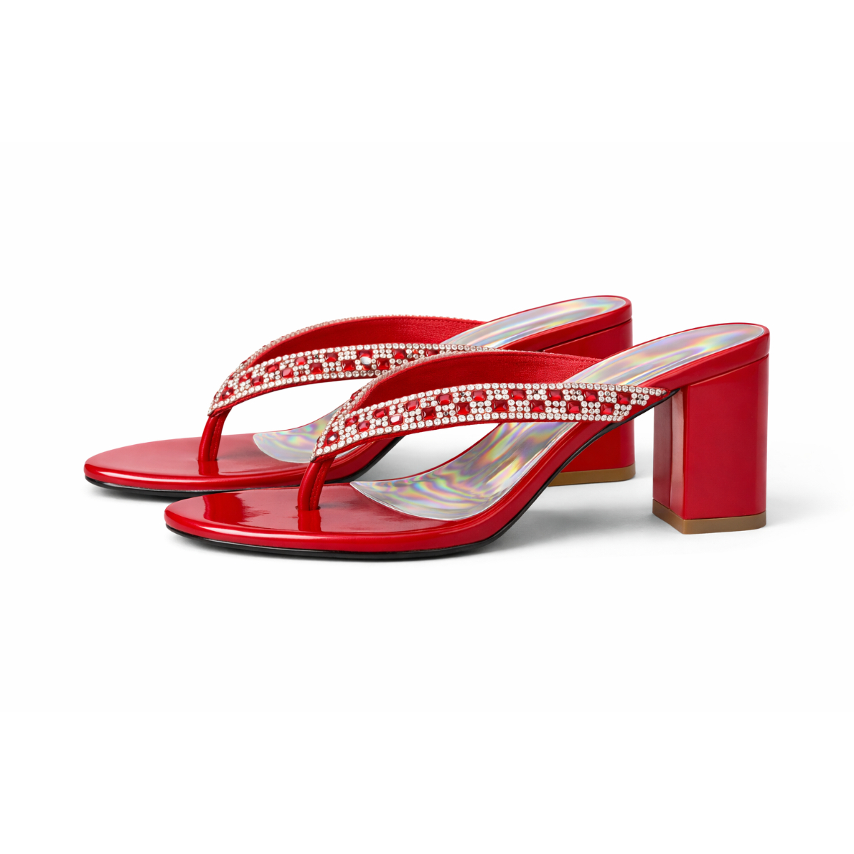Red Holographic Rhinestone Heeled Slippers for Women
