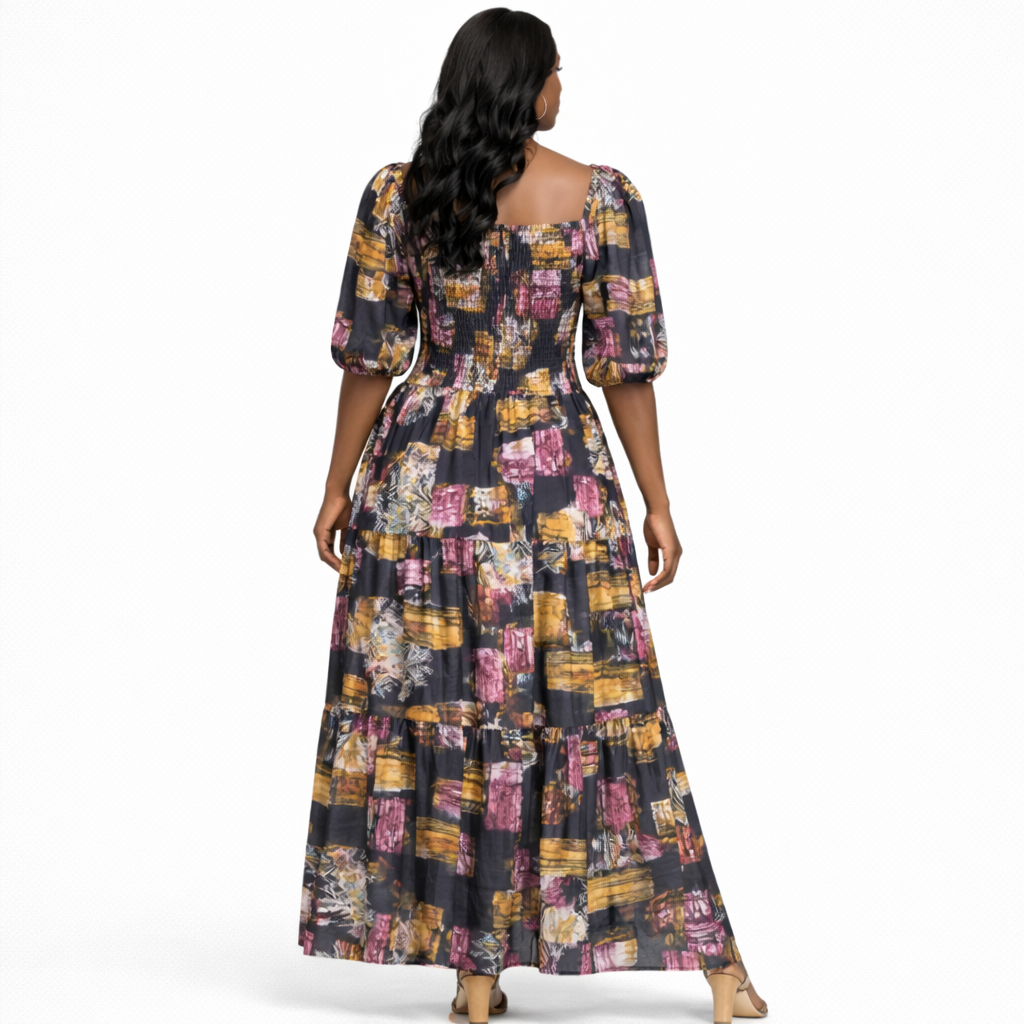 Womens Smocked Maxi Dress with Printed Pattern