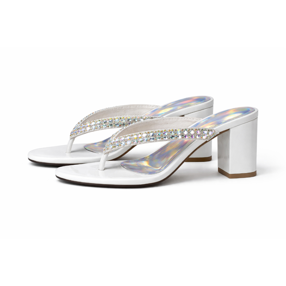 White Holographic Rhinestone Heeled Slippers for Women