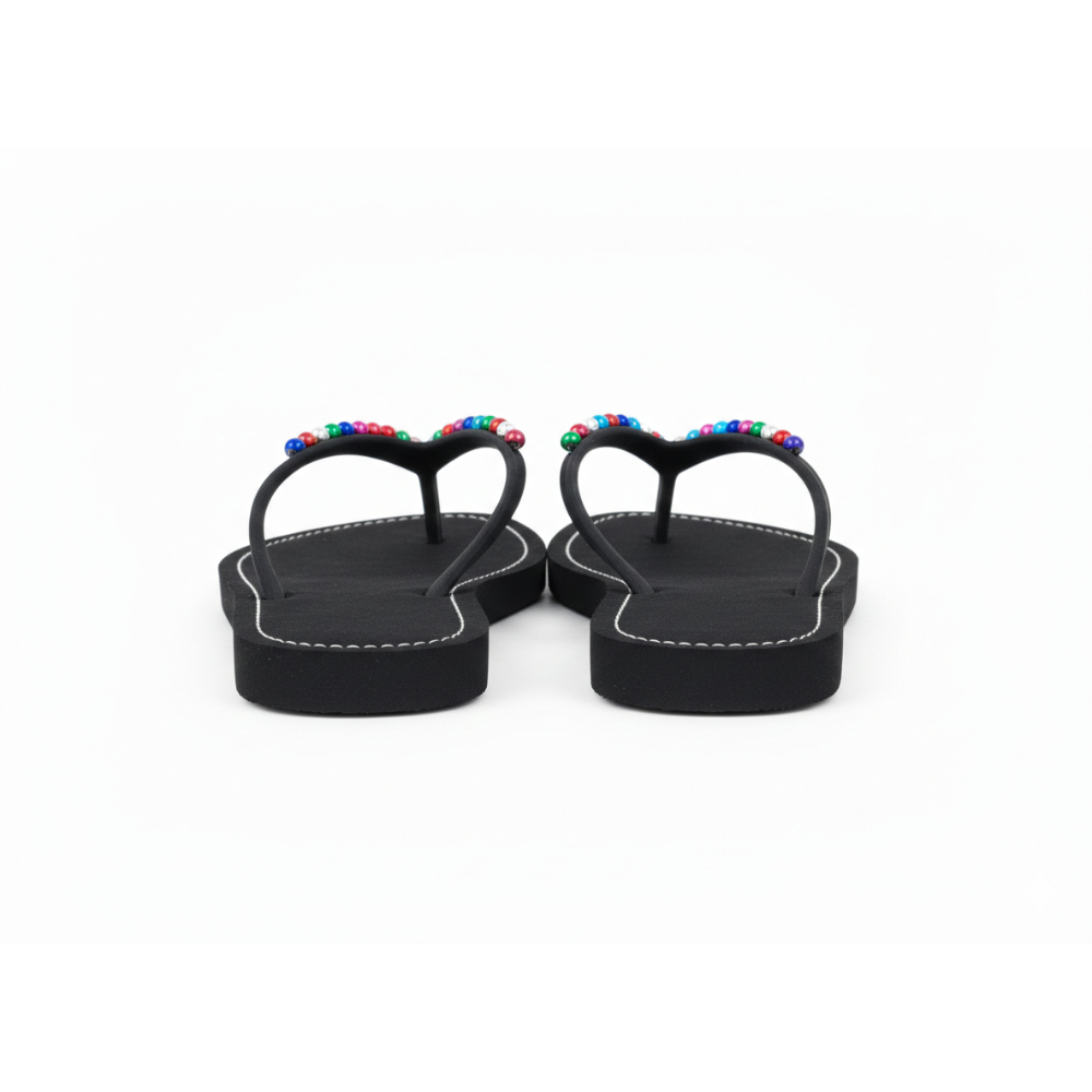 Black Beaded Flip Flop Slippers with Multicolor Stone Strap