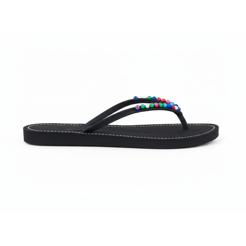 Black Beaded Flip Flop Slippers with Multicolor Stone Strap
