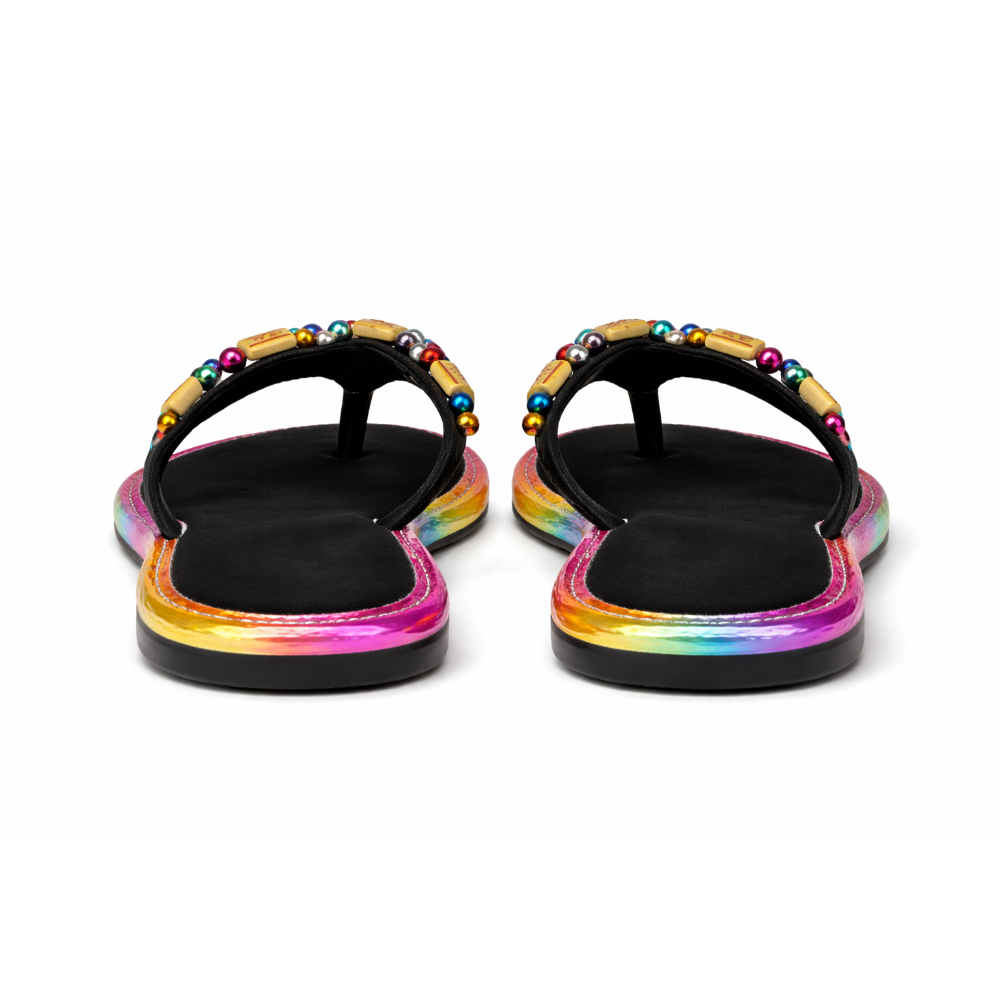 Womens Beaded Flip Flop Slippers with Multicolor Trim