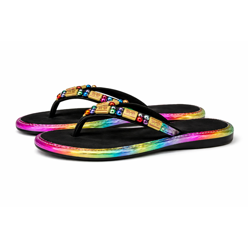 Womens Beaded Flip Flop Slippers with Multicolor Trim