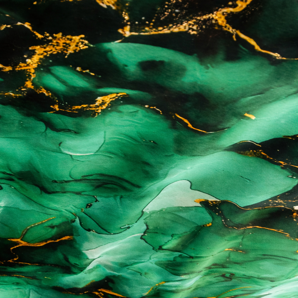 Green Abstract Marble Pattern Fabric with Gold Accents
