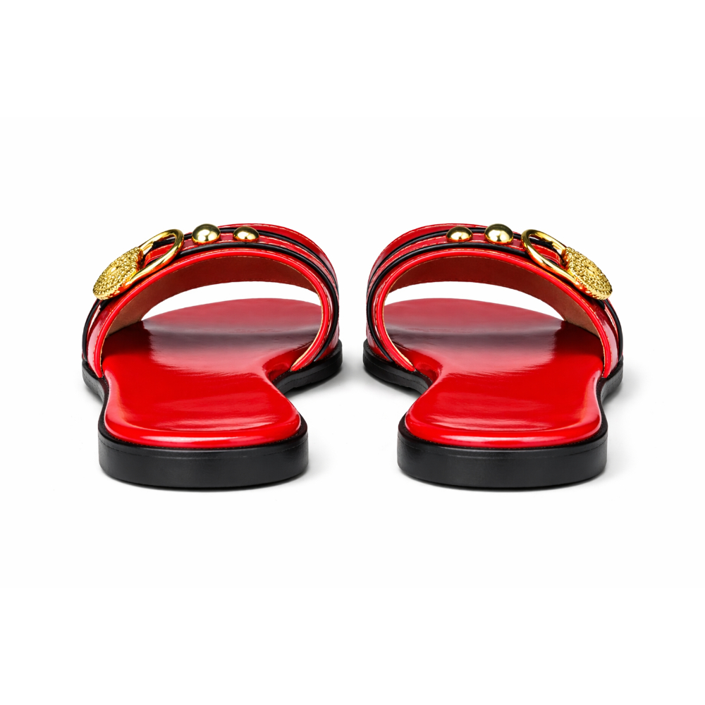 Womens Glossy Red Slide Slippers with Gold Chain Accent