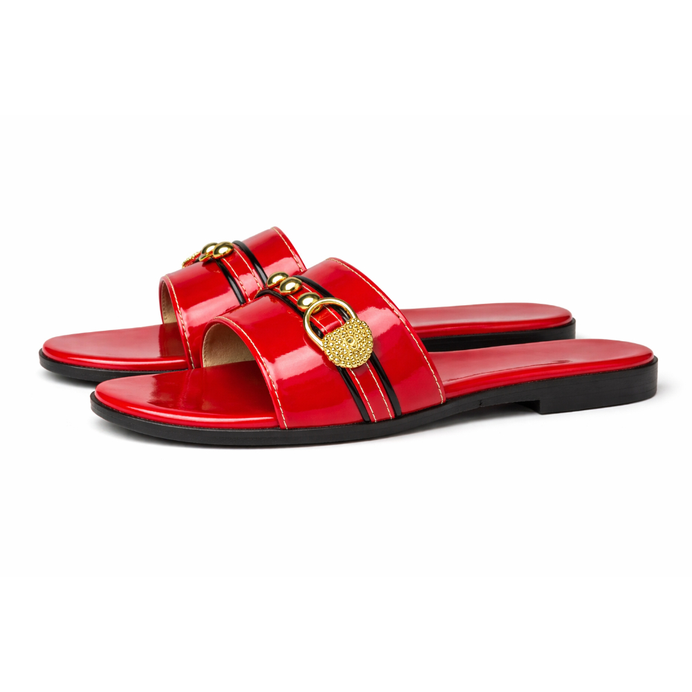 Womens Glossy Red Slide Slippers with Gold Chain Accent