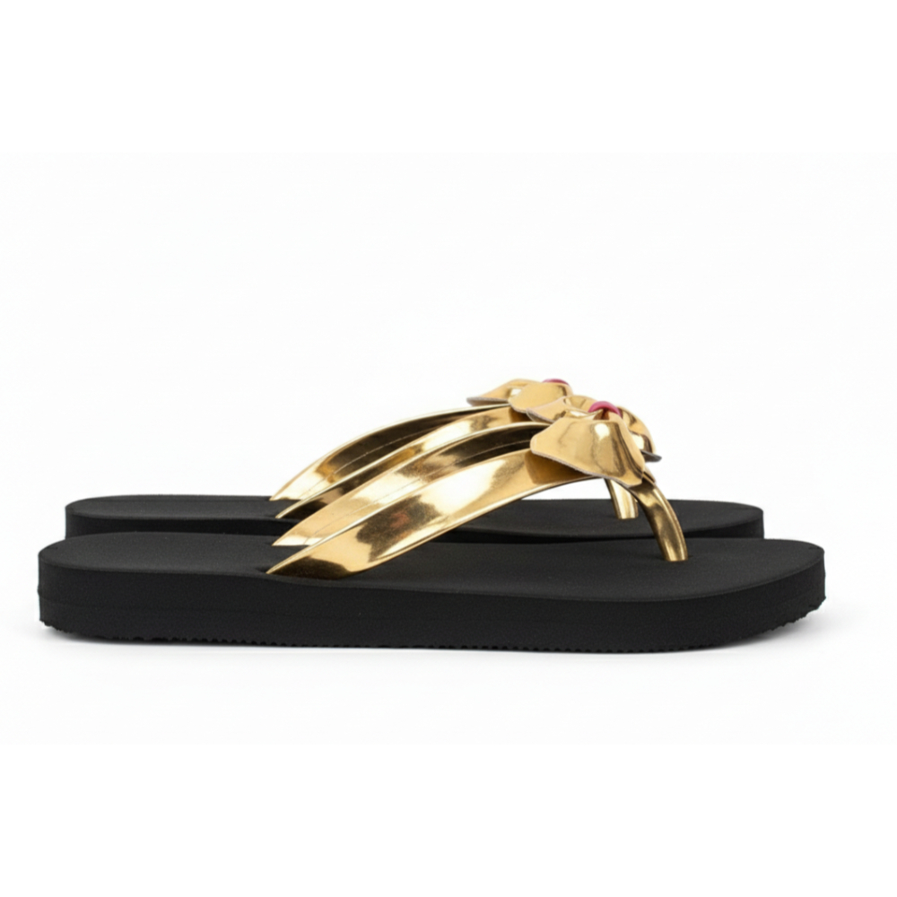 Women Gold Strap Platform Flip Flops with Cushioned Sole