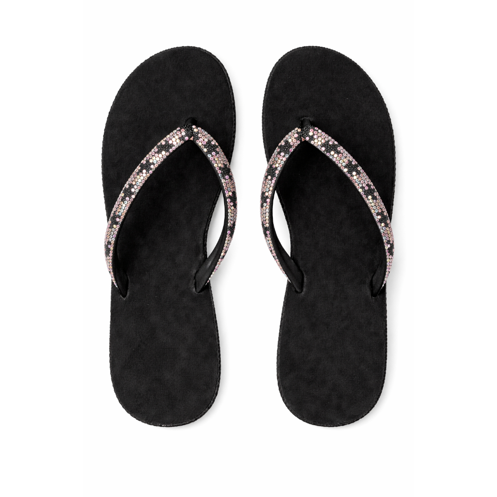 Women Black Platform Flip Flops with Rhinestone Strap