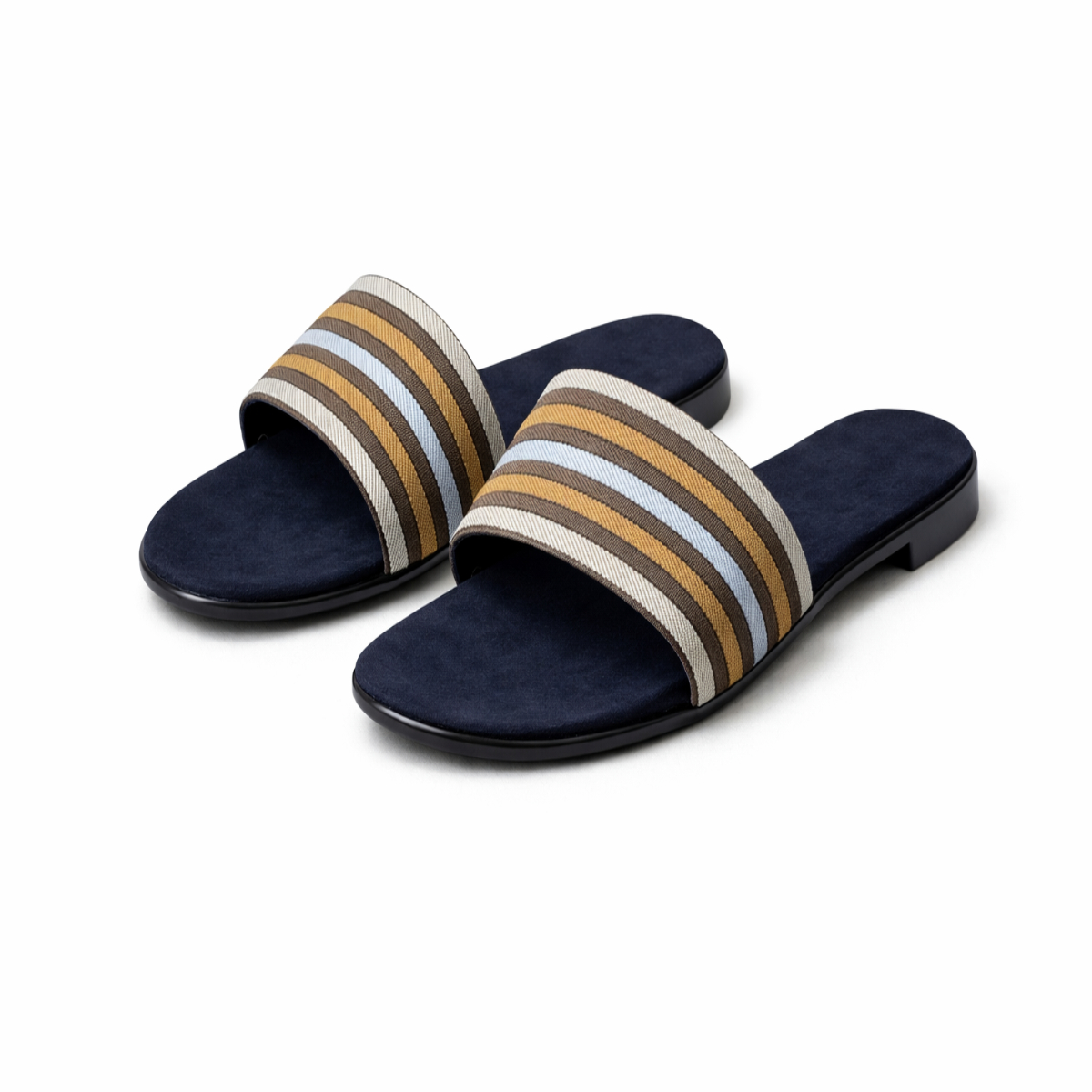 Womens Black Slide Sandals with Striped Fabric Strap